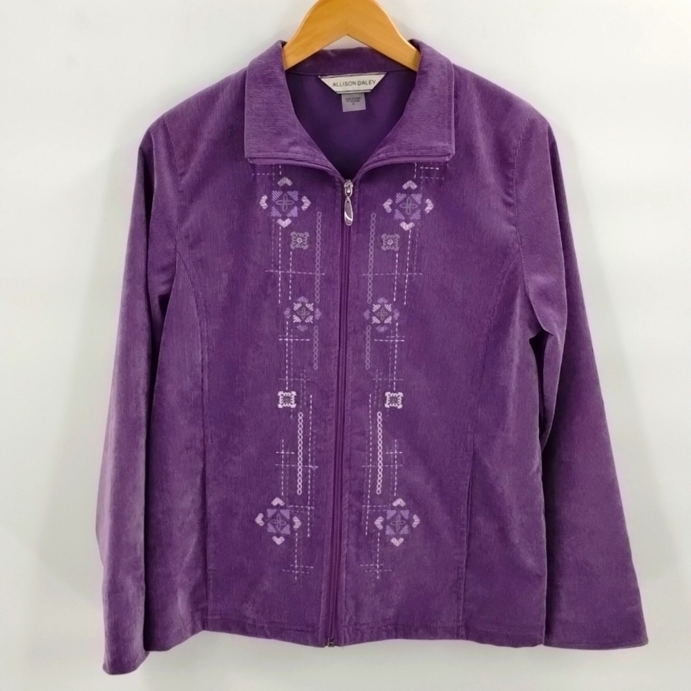 Allison Daley corduroy knit jacket embroidered front size 8 oversized purple